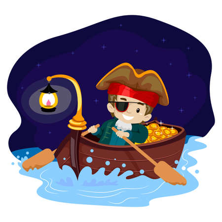 Illustration of Pirate Kid on Boat at Nightのイラスト素材