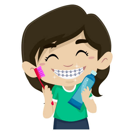 Vector Illustration of Little Girl wearing Braces holding Toothbrushのイラスト素材