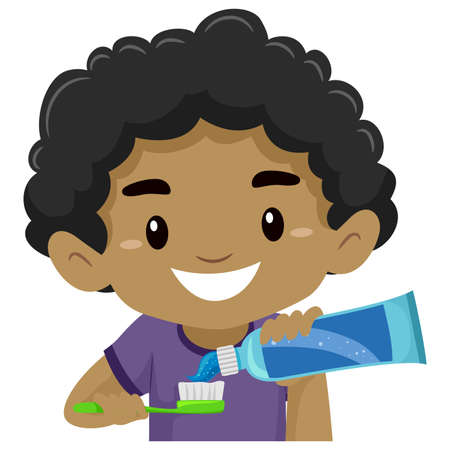 Vector Illustration of Kid Boy putting Toothpaste on his Toothbrushのイラスト素材