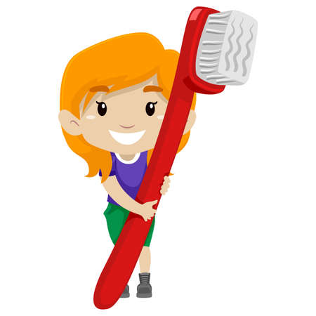 Vector Illustration of a Girl holding Giant Toothbrushのイラスト素材