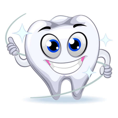 Vector Illustration of Tooth Mascot holding Dental Flossのイラスト素材