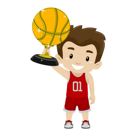 Vector Illustration of Kid Boy holding Gold Basketball Trophyのイラスト素材