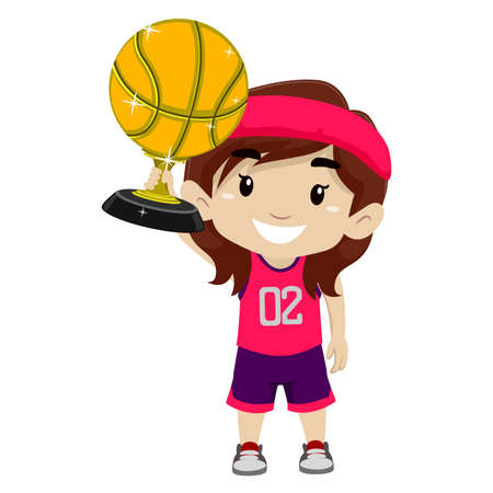 Vector Illustration of Kid Girl holding Gold Basketball Trophyのイラスト素材