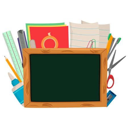 Vector Illustration of Set of School Supplies and Blank Boardのイラスト素材