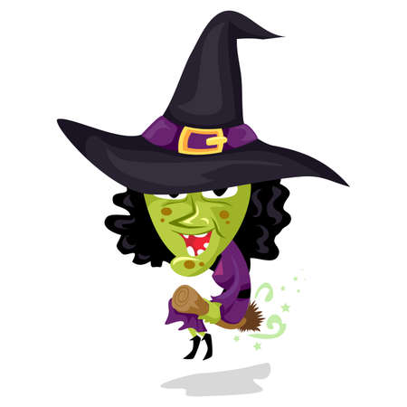 Vector Illustration of Cartoon Evil Witch Flying on Broomのイラスト素材