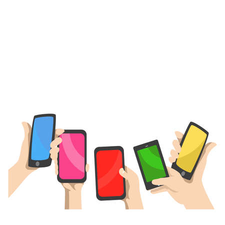 Illustration of Hands raising Mobile Phones and Tabletのイラスト素材