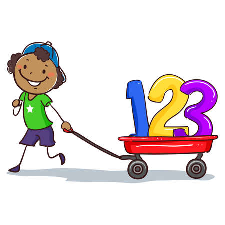 Vector Illustration of Stick Black Boy Pulling wagon with 123のイラスト素材