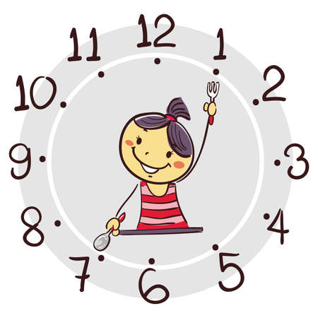 Vector Illustration of Stick Girl using his arm as clock hand pointing 7 o'clock for breakfastのイラスト素材