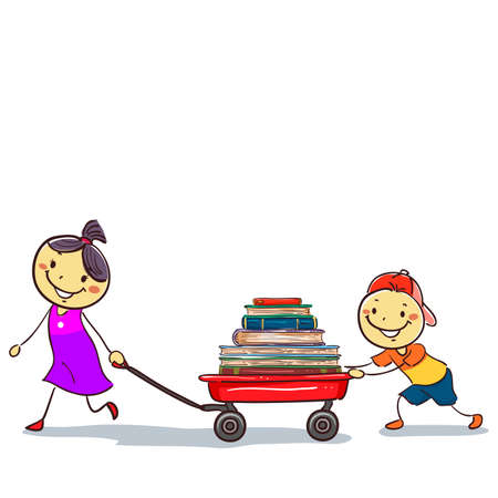 Vector Illustration of Stick Kids Pulling a Wagon Load of Booksのイラスト素材