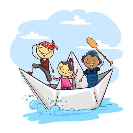 Vector Illustration of Stick Kids on a Paper Boatのイラスト素材