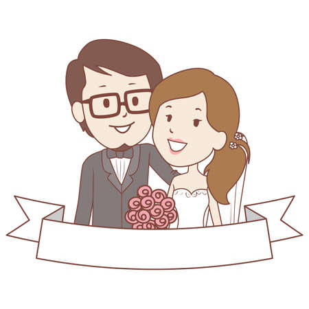 Vector Illustration of Bride and Groom Couple with Blank Ribbon Label Templateのイラスト素材