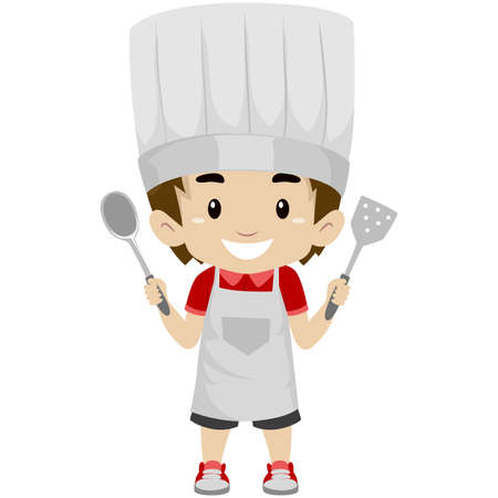 Vector Illustration of a Kid Boy as Chef Holding a Holding Kitchen Utensilsのイラスト素材