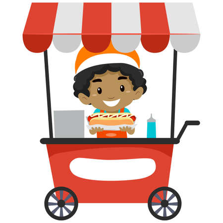 Vector Illustration of a Vendor Boy Selling Hotdog on Food cartのイラスト素材