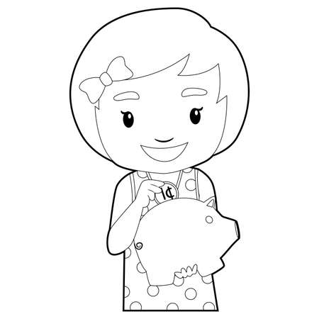 Coloring Book Outlined Little Girl holding Piggy Bankのイラスト素材