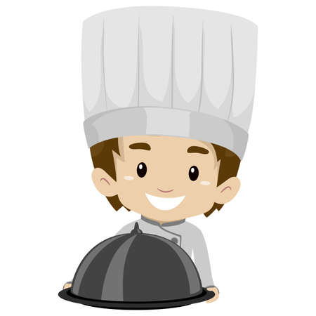 Vector Illustration of Chef Boy Holding a Food Clocheのイラスト素材
