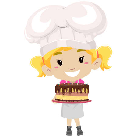 Vector Illustration of Little Girl as Pastry Chef holding a Cakeのイラスト素材