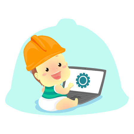 Vector Illustration of Baby wearing a Engineer Helmet in front of the Laptopのイラスト素材
