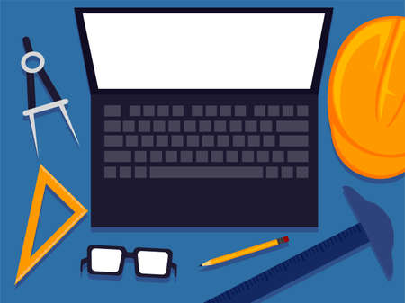 Vector Illustration Engineering Tools Elements with Blank White Screen Laptopのイラスト素材