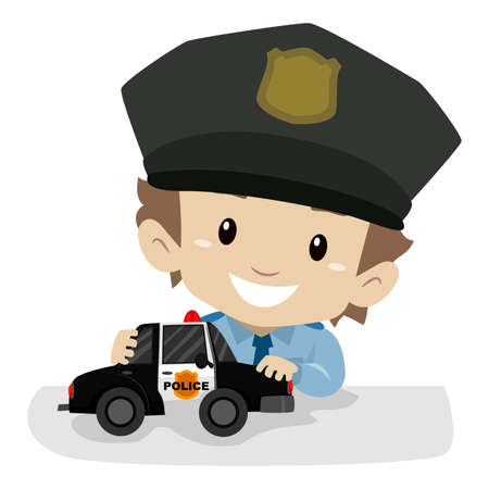 Vector Illustration of a Little Boy wearing a Police uniform while playing Police Carのイラスト素材