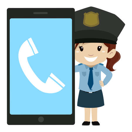Vector Illustration of Little Girl Police beside a Big Screen Mobile Phoneのイラスト素材