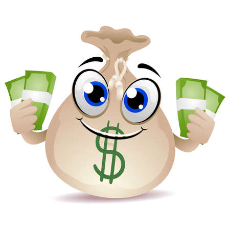Vector Illustration of Money Bag Mascot holding a Cashのイラスト素材