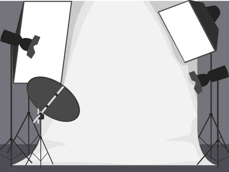 Vector Illustration of White Backdrop Photo Studio with Lights and Cameraのイラスト素材