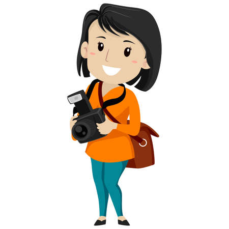 Vector illustration of a female photographer holding a digital cameraのイラスト素材