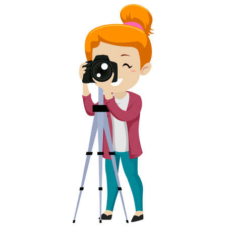 Vector illustration of a girl looking through a digital camera on tripodのイラスト素材