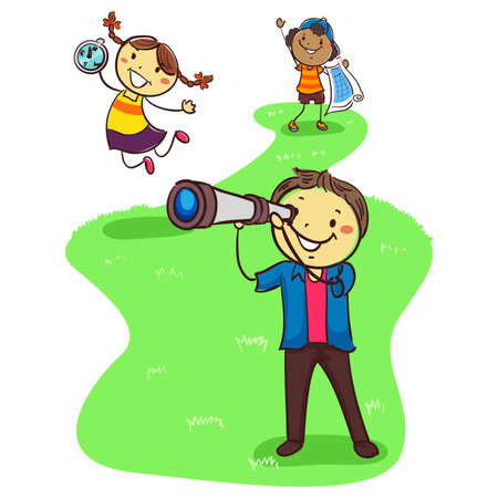 Vector Illustration of Three Stick Kids Exploring while holding Geographic Objectsのイラスト素材