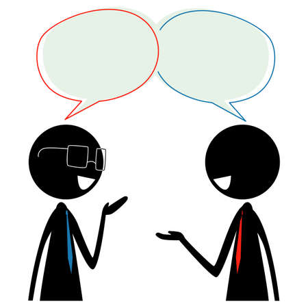 Vector Illustration of Two Stick Figure Silhouette Business Man Talking with Speech Bubble on their Headのイラスト素材