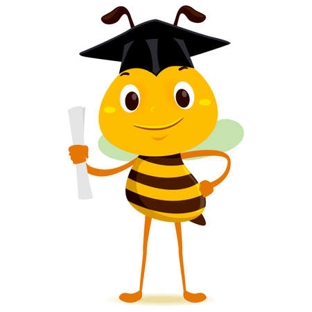 Vector Illustration of Bee holding a diploma while wearing Graduation Hatのイラスト素材