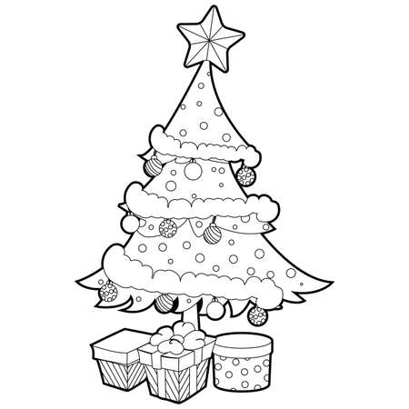 Coloring Book Outlined Christmas Tree with Gift Box.のイラスト素材
