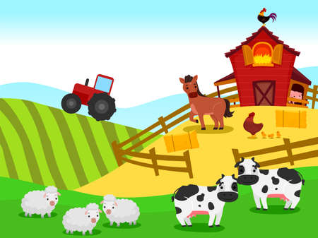 Vector Illustration of Farm with Barn and Animals Backgroundのイラスト素材