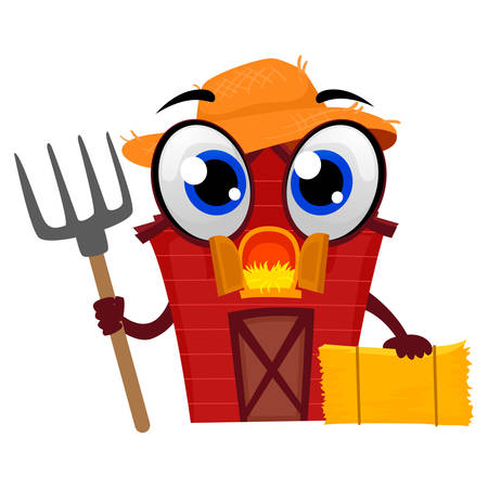 Vector Illustration of Barn Mascot holding Pitchfork rake and Hayのイラスト素材