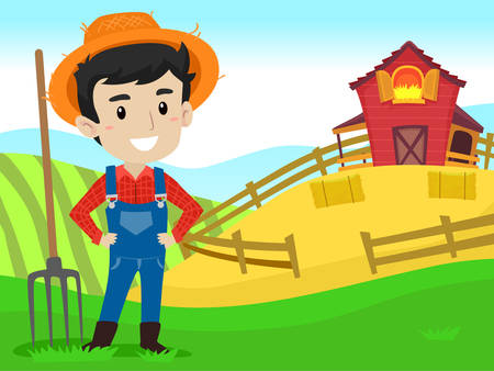 Vector Illustration of a Farmer with hay fork in Farm field Backgroundのイラスト素材