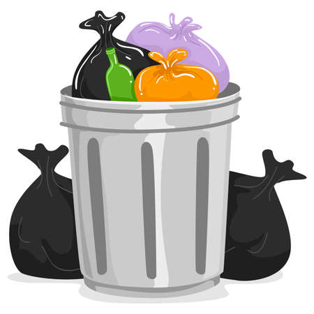Vector Illustration of Garbage Can full of Garbage Bagsのイラスト素材