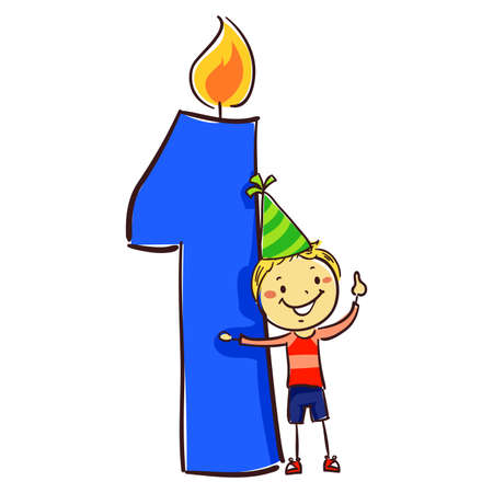 Vector Illustration of Number one candle with stick Figure Little Boy Kid wearing party hatのイラスト素材