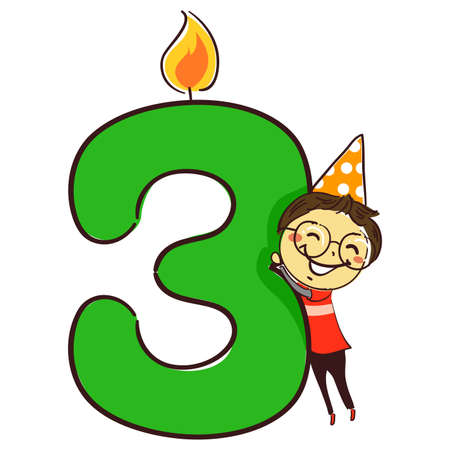 Vector Illustration of Number Three candle with stick Figure Little Boy Kid wearing party hatのイラスト素材