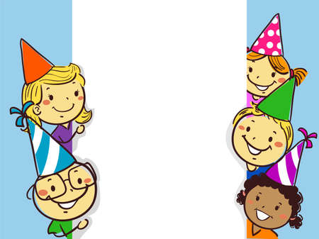 Vector Illustration of Stick Figure Little Children beside a White Board Birthday Frame Templateのイラスト素材