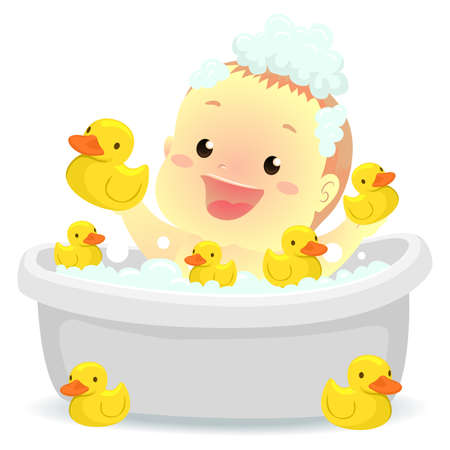 Vector Illustration of Baby taking a bath with rubber ducksのイラスト素材