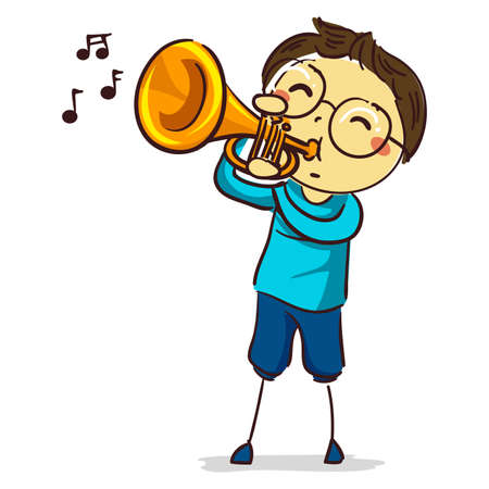 Vector Illustration of Stick Kid Figure Boy playing Trumpetのイラスト素材