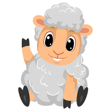 Vector Illustration of Cute Cartoon Sheep waving in sitting position waving His Right Handのイラスト素材