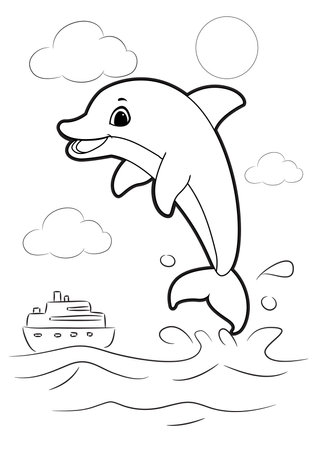 Coloring Page Outline Of a dolphin swimming with a cruise shipのイラスト素材