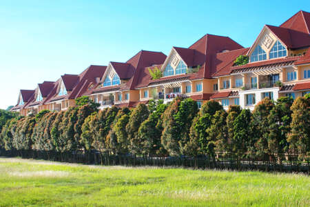Modern countryside houses beside lush greenery