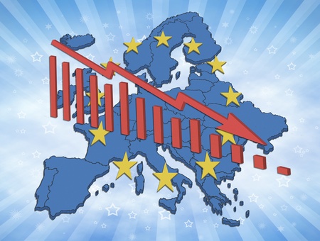 Illustration of declining trends in the European Union and the Euro. European map with symbols and declining diagram.の写真素材