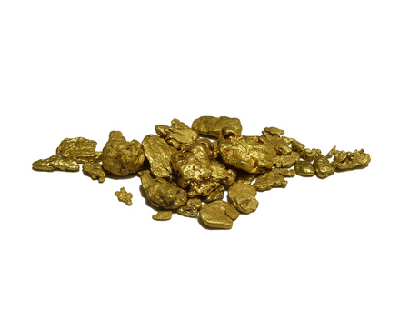 Natural authentic gold nuggets from Western Australia. Isolated on white, concept for gold, treasure, wealth, prospecting and more.の写真素材