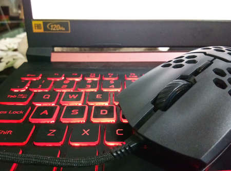 Perforated gaming mouse on the LED red Keyboard. This picture was taken from the above gaming laptopの写真素材