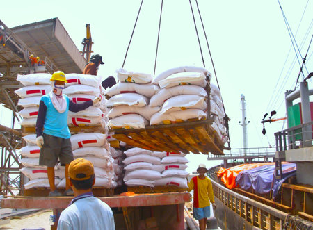 Gresik, Indonesia - May 17 2012: Pallets of fertilizer is being loaded to trailer. Fertilizer loading is on special fertilizer port under Tanjung Perak authorityのeditorial素材
