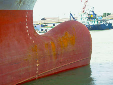 Surabaya, Indonesia January 07 2012 - Side view of ship's bulbous bow. Bulbous bow is front part of ship with purpose to break the wave to make the ship fasterのeditorial素材
