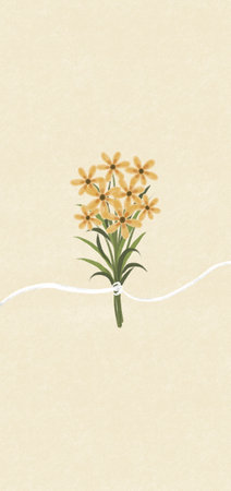 Yellow spring flowers on a ribbon. Hand drawn watercolor illustration for wallpaper backgroundの写真素材